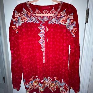 Johnny Was Red Embroidered Long Sleeve Top L